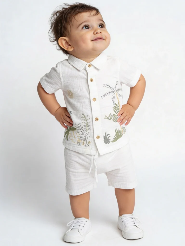 HOP Baby Boys White Embroidered Cotton Shirt and Shorts Set