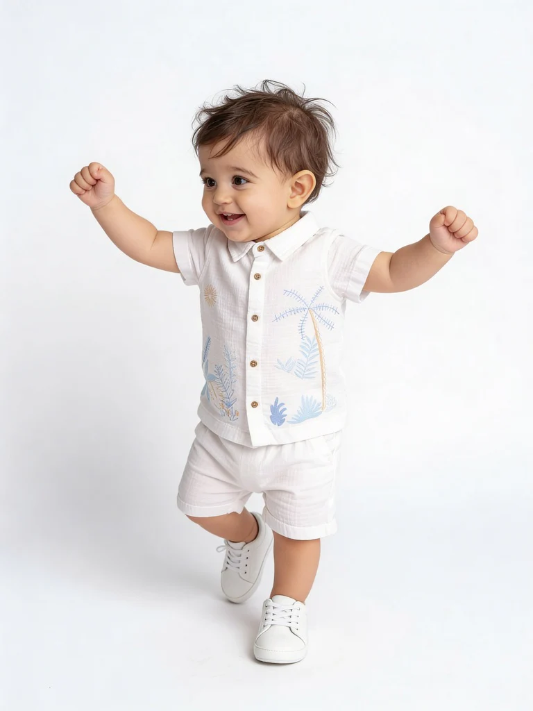 HOP Baby Boys White Embroidered Cotton Shirt and Shorts Set