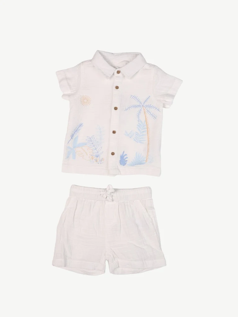 HOP Baby Boys White Embroidered Cotton Shirt and Shorts Set - Image 2