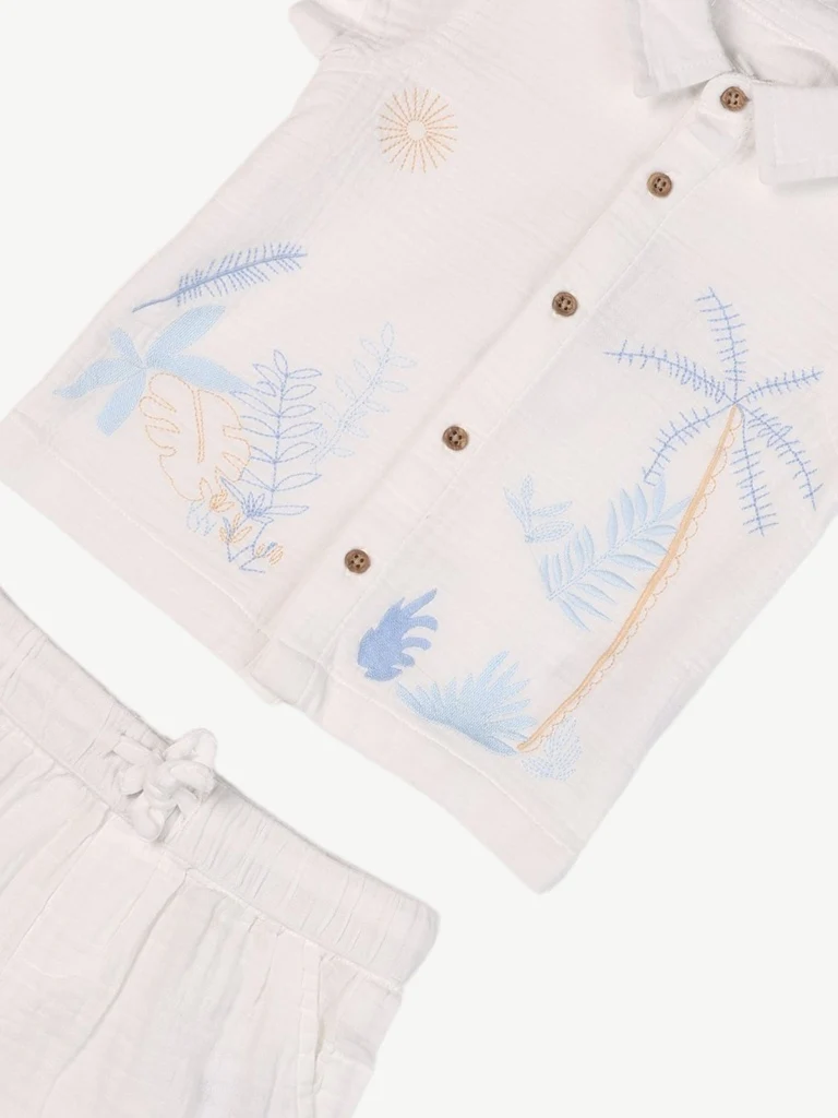 HOP Baby Boys White Embroidered Cotton Shirt and Shorts Set - Image 4