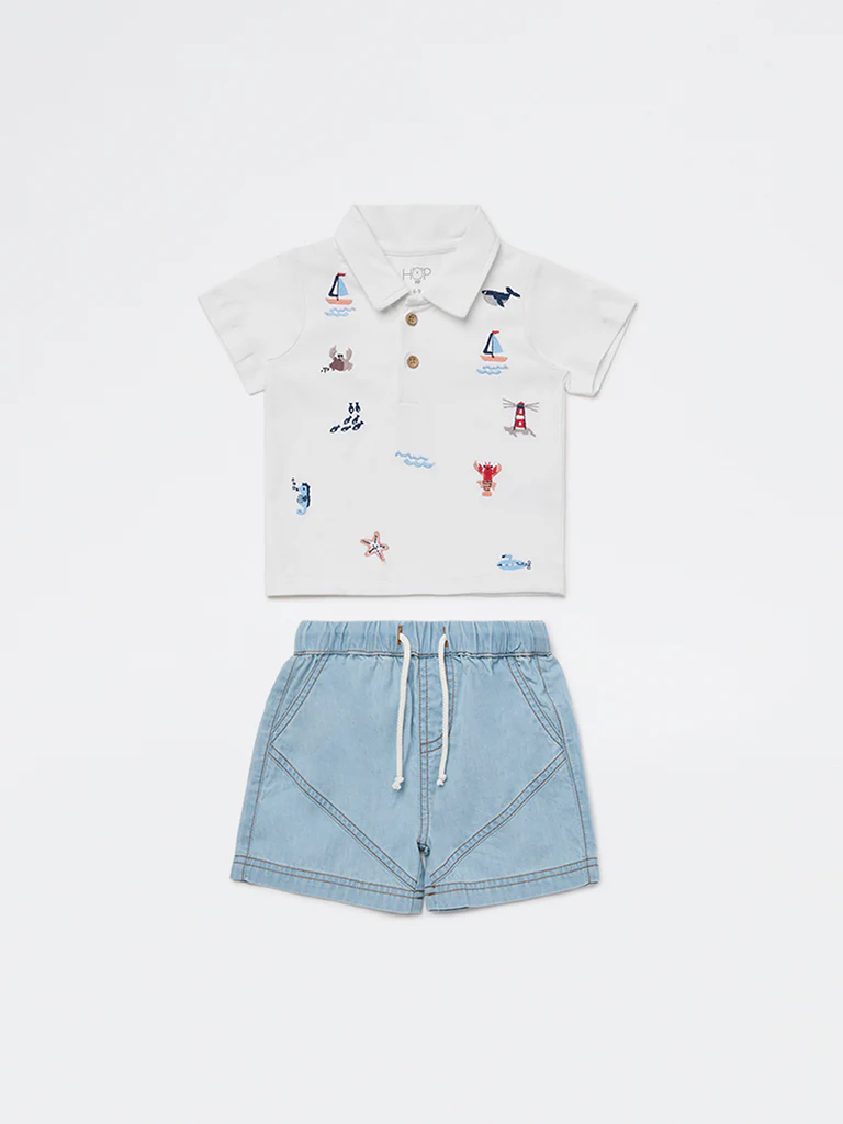 HOP Baby Boys White Embroidered Cotton T-Shirt and Shorts Set - Image 2