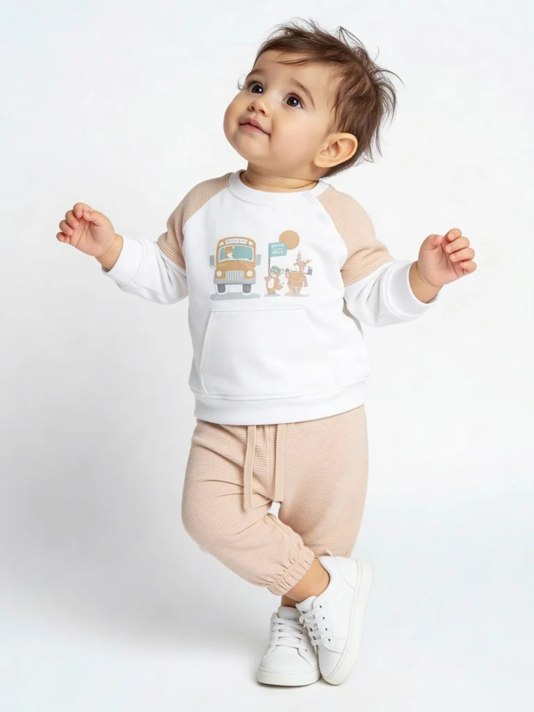 HOP Baby Boys White Printed Cotton Sweatshirt and Pants Set