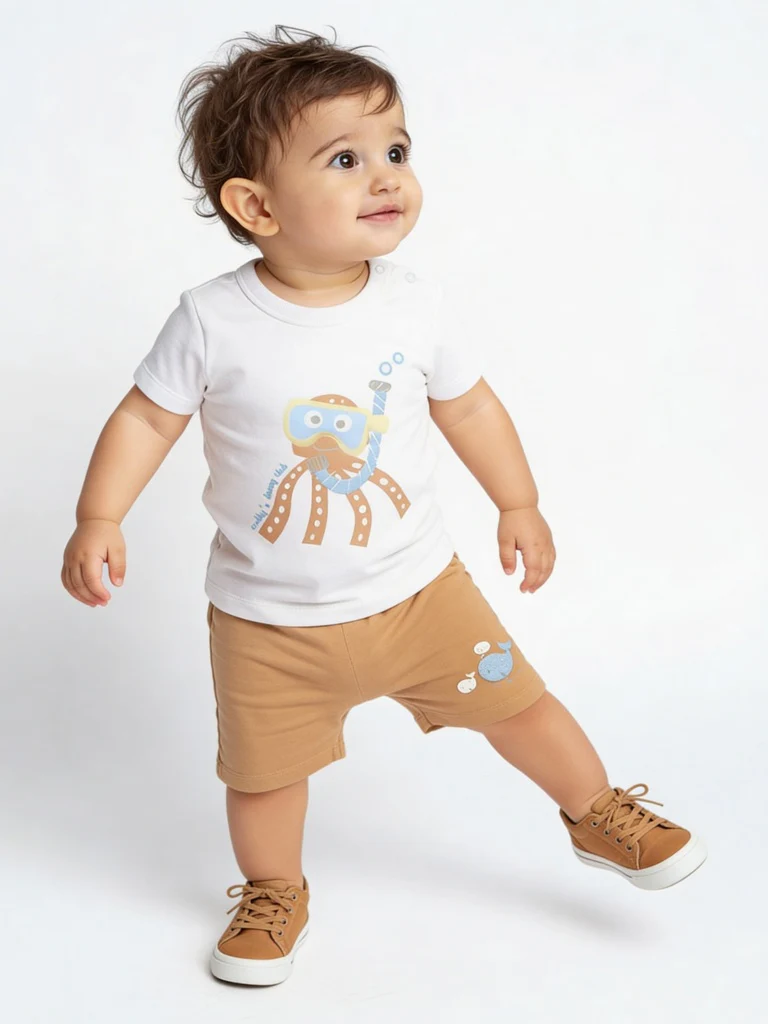 HOP Baby Boys White Printed Cotton T-Shirt and Shorts Set