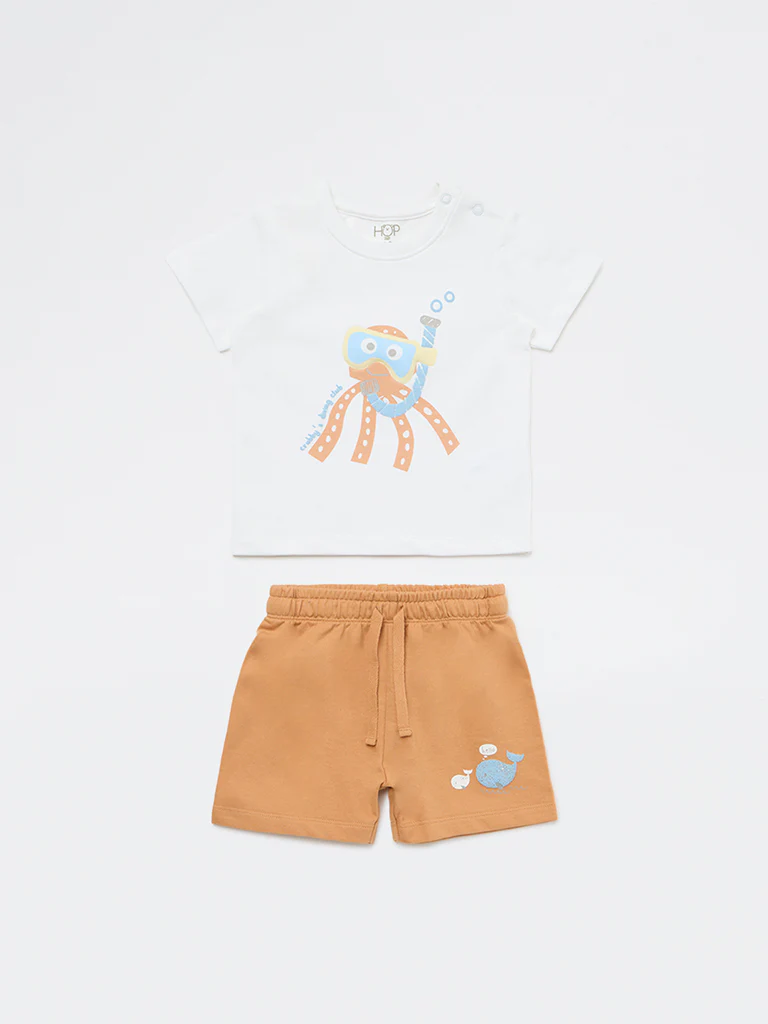 HOP Baby Boys White Printed Cotton T-Shirt and Shorts Set - Image 2