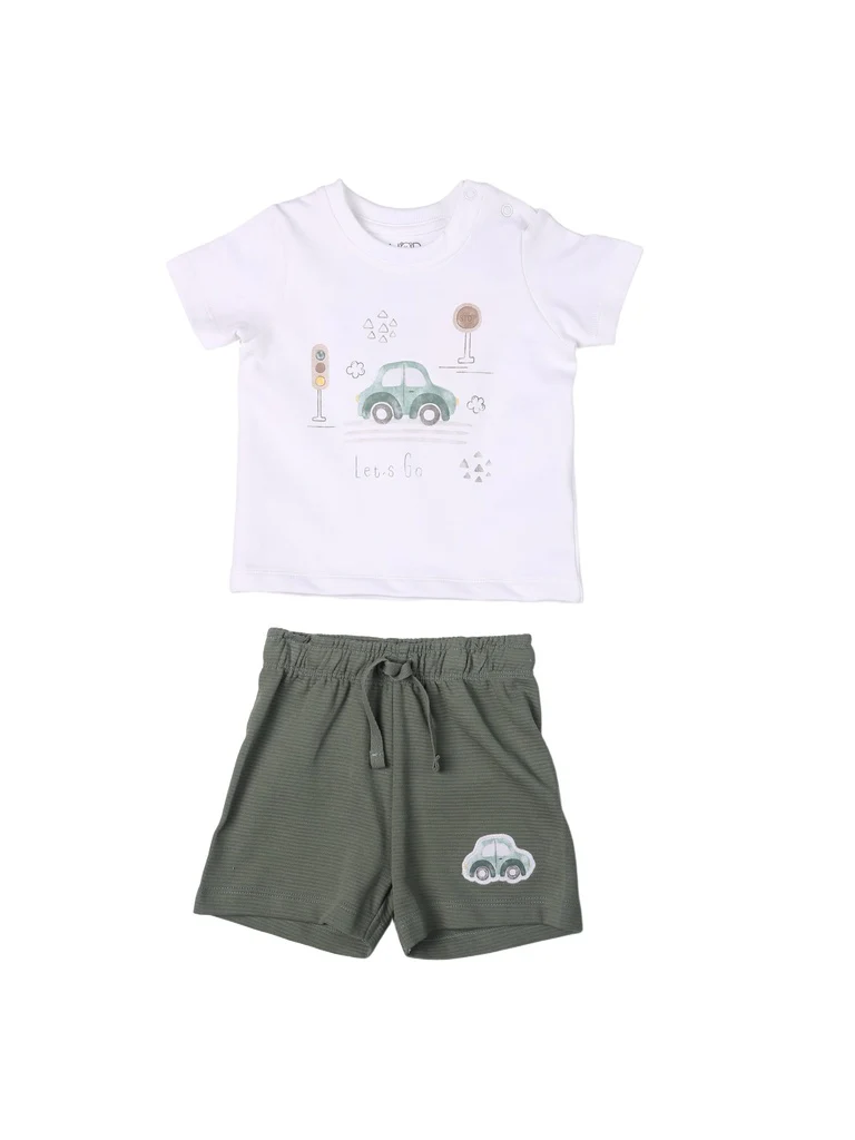 HOP Baby Boys White Printed Cotton T-Shirt and Shorts Set - Image 2