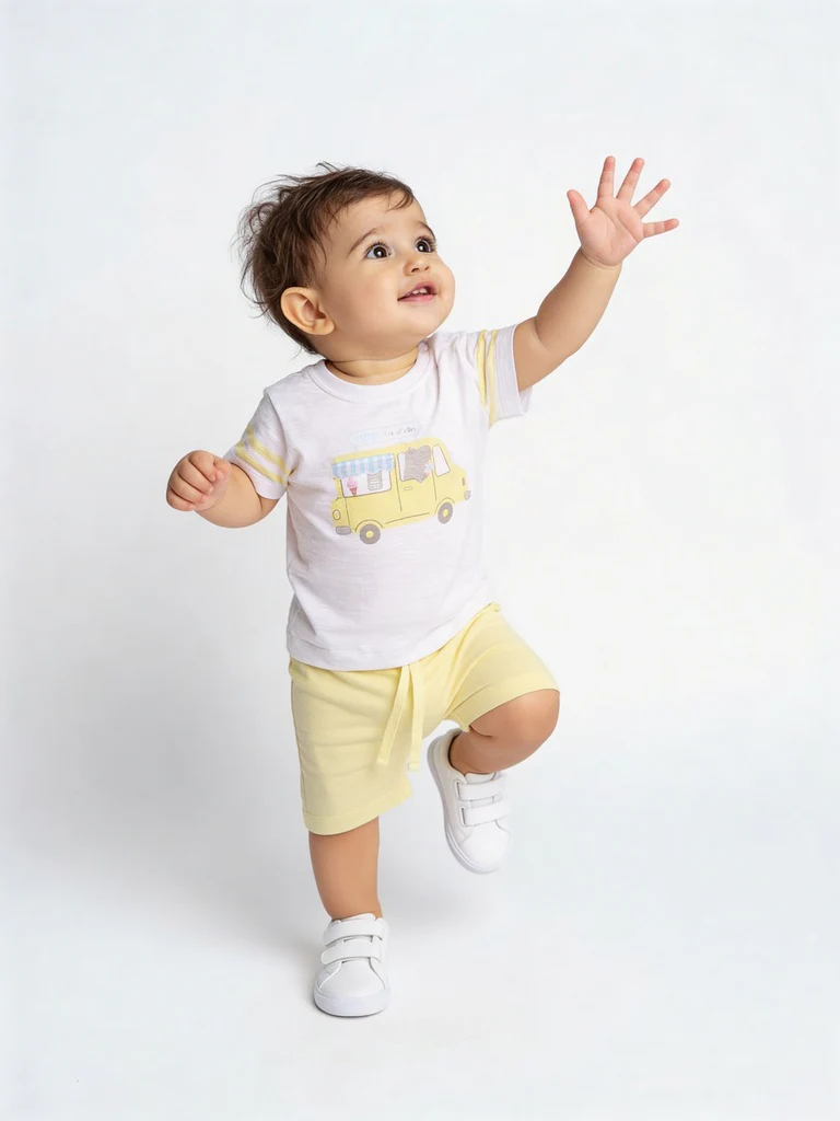 HOP Baby Boys White Printed Cotton T-Shirt and Shorts Set