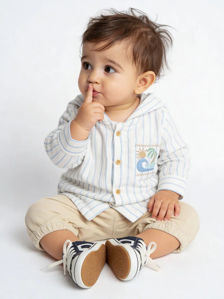 HOP Baby Boys White Striped Cotton Hooded Shirt