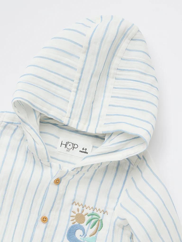 HOP Baby Boys White Striped Cotton Hooded Shirt - Image 4