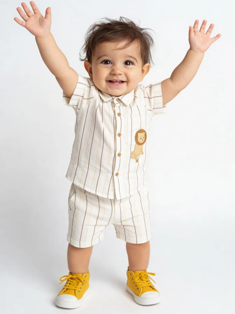 HOP Baby Boys White Striped Cotton Shirt and Shorts Set