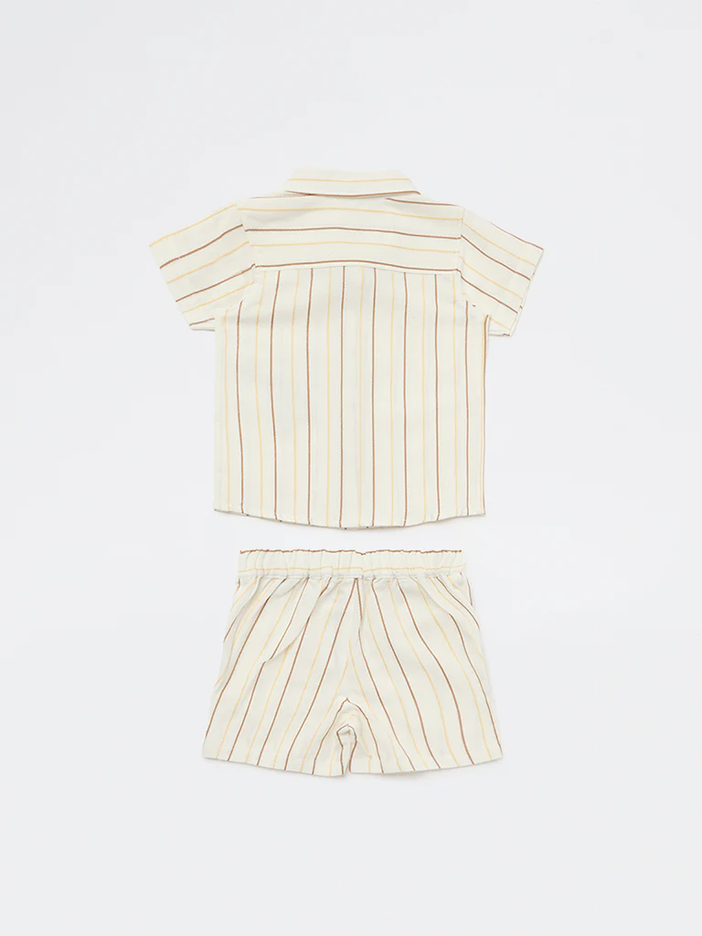 HOP Baby Boys White Striped Cotton Shirt and Shorts Set - Image 3