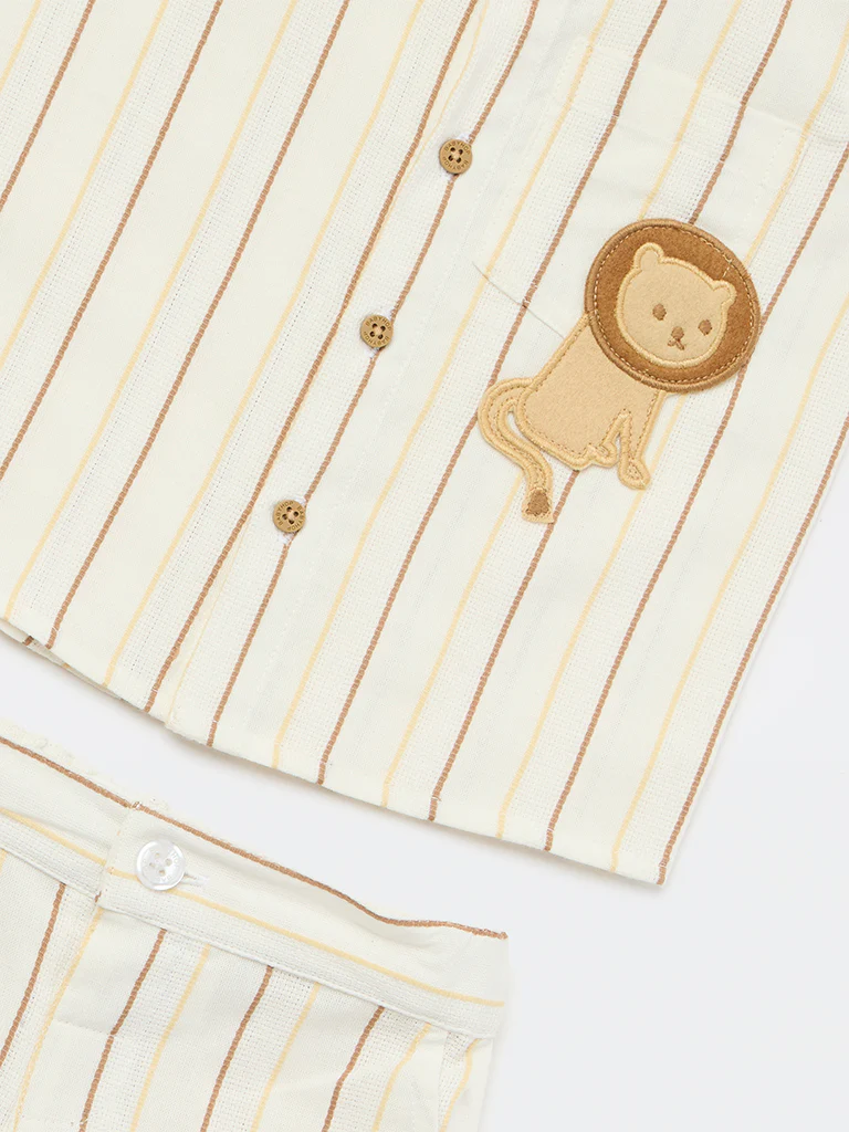 HOP Baby Boys White Striped Cotton Shirt and Shorts Set - Image 4