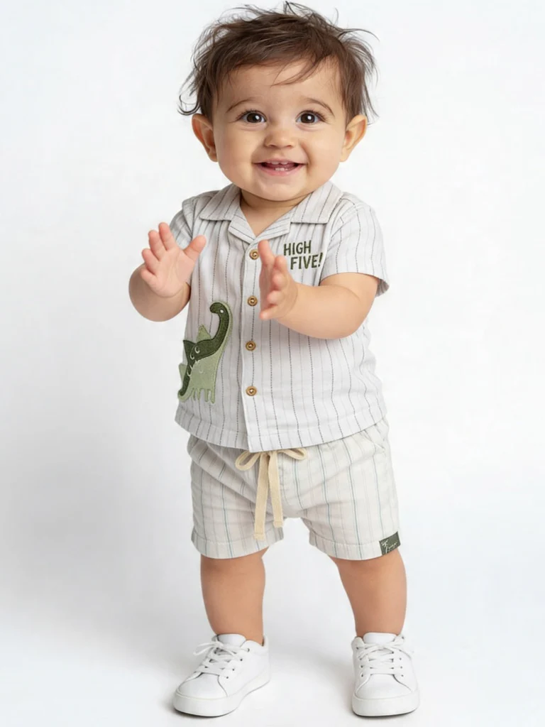 HOP Baby Boys White Striped Cotton Shirt and Shorts Set