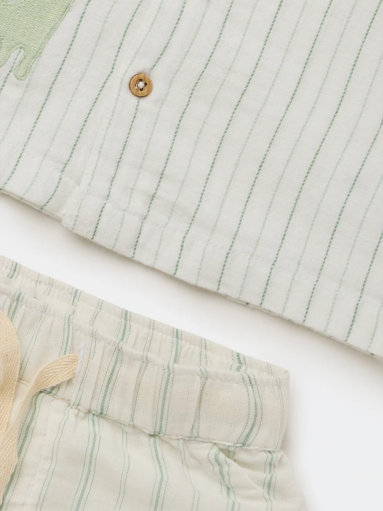 HOP Baby Boys White Striped Cotton Shirt and Shorts Set - Image 4