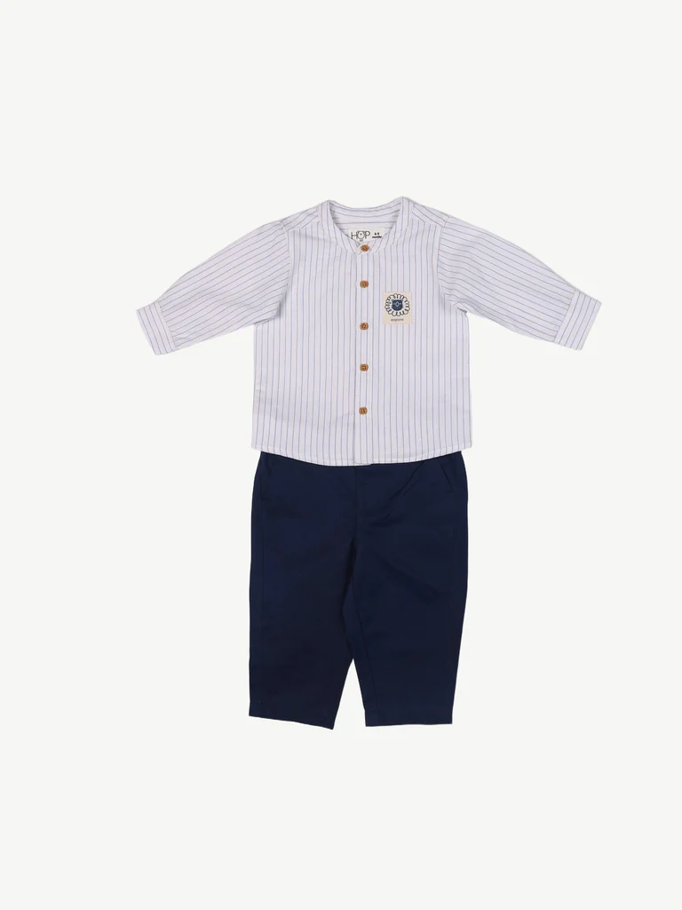 HOP Baby Boys White Striped Cotton Shirt and Trouser Set - Image 2
