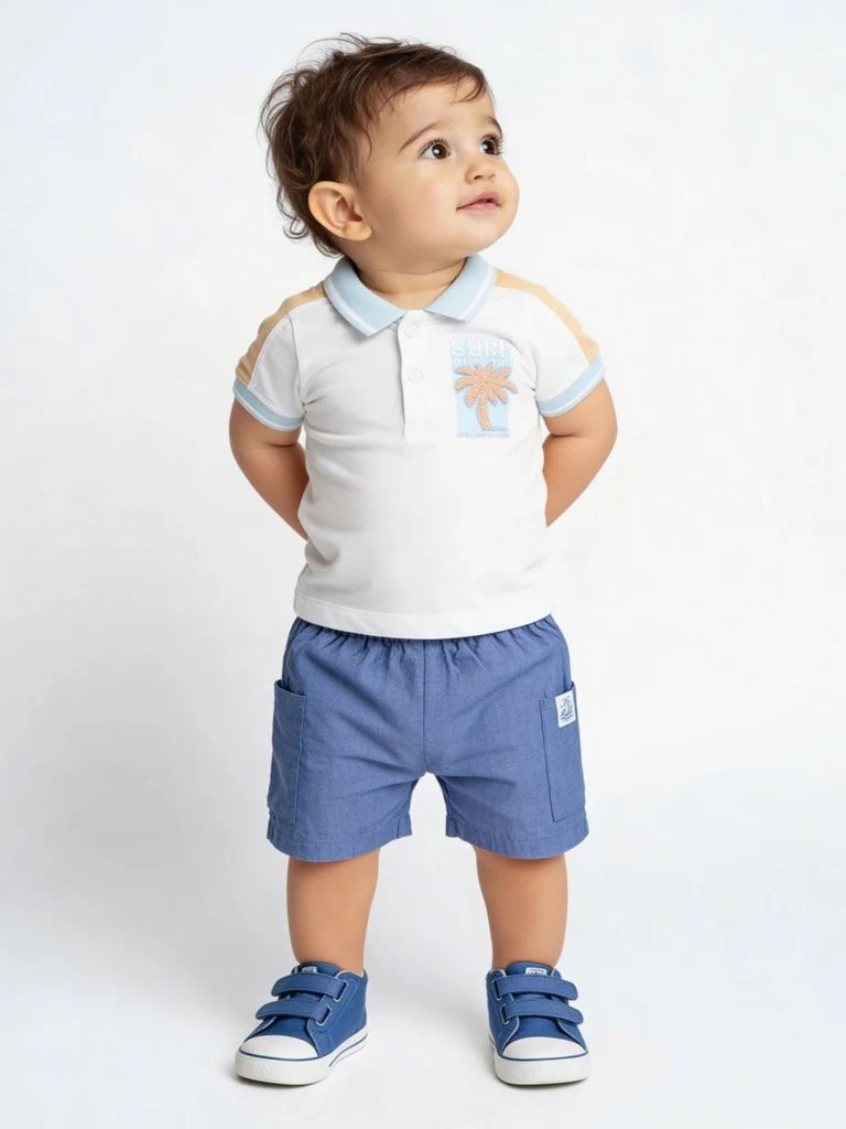 HOP Baby Boys White Tropical Themed Cotton Polo T-Shirt and Shorts Set