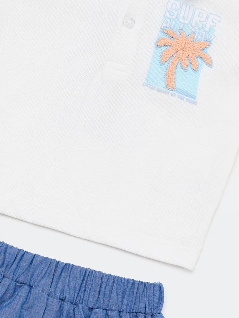 HOP Baby Boys White Tropical Themed Cotton Polo T-Shirt and Shorts Set - Image 4