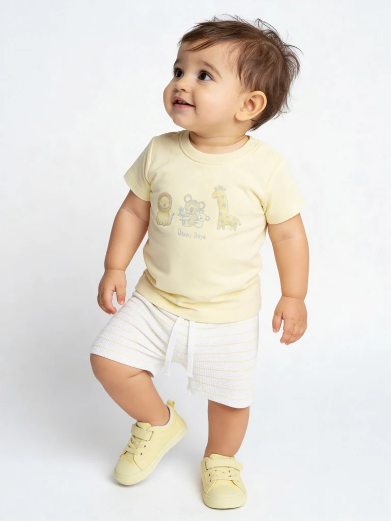 HOP Baby Boys Yellow Animal Printed Cotton T-Shirt and Shorts Set