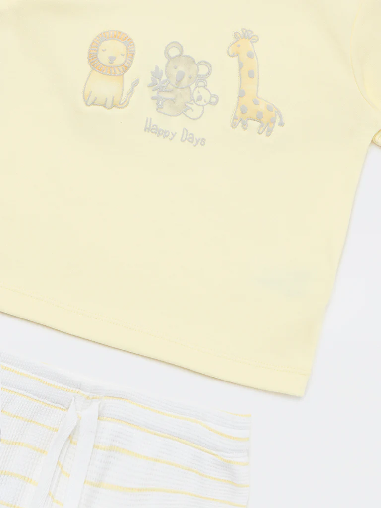HOP Baby Boys Yellow Animal Printed Cotton T-Shirt and Shorts Set - Image 4