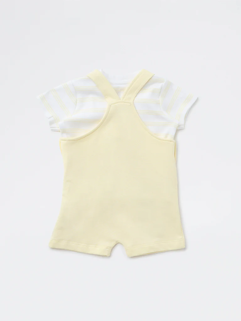 HOP Baby Boys Yellow Printed Cotton T-Shirt and Dungaree Set - Image 3