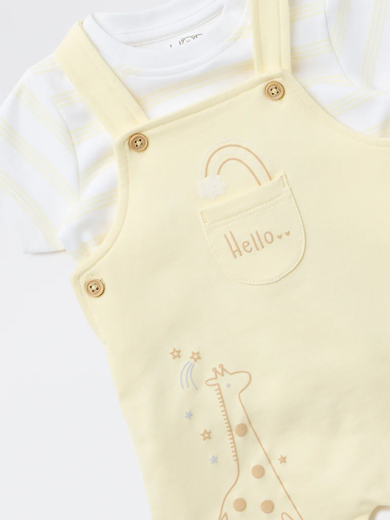 HOP Baby Boys Yellow Printed Cotton T-Shirt and Dungaree Set - Image 4