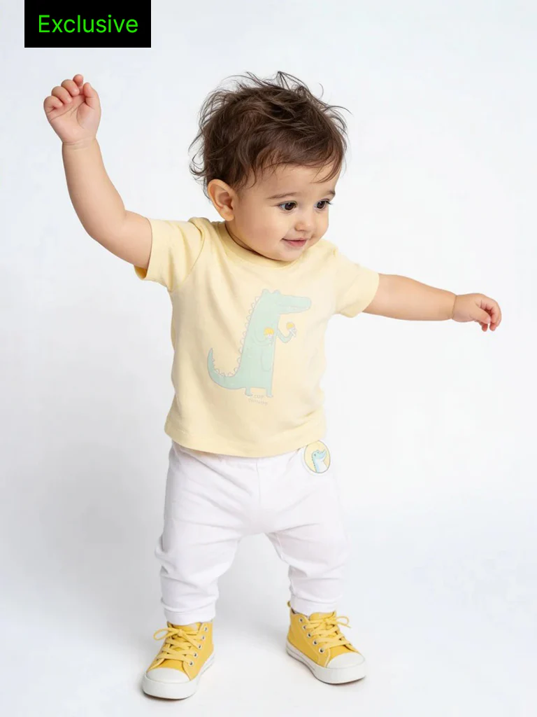 HOP Baby Boys Yellow Printed Cotton T-Shirt and Pants Set - Exclusive