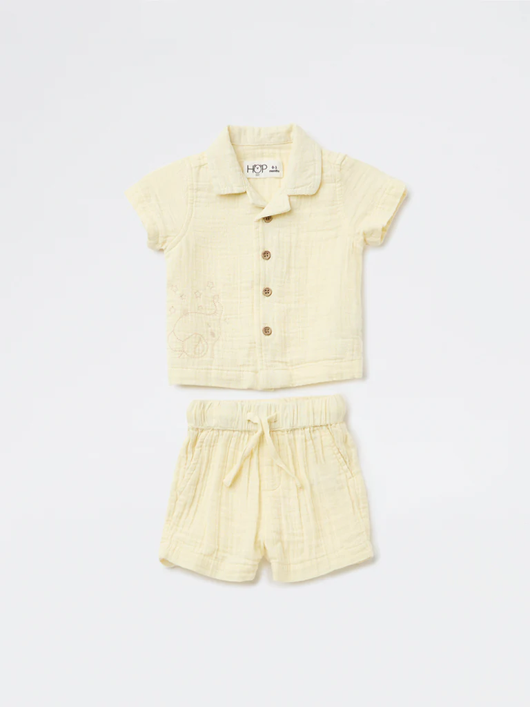 HOP Baby Boys Yellow Resort-Fit Cotton Shirt and Shorts Set - Image 2