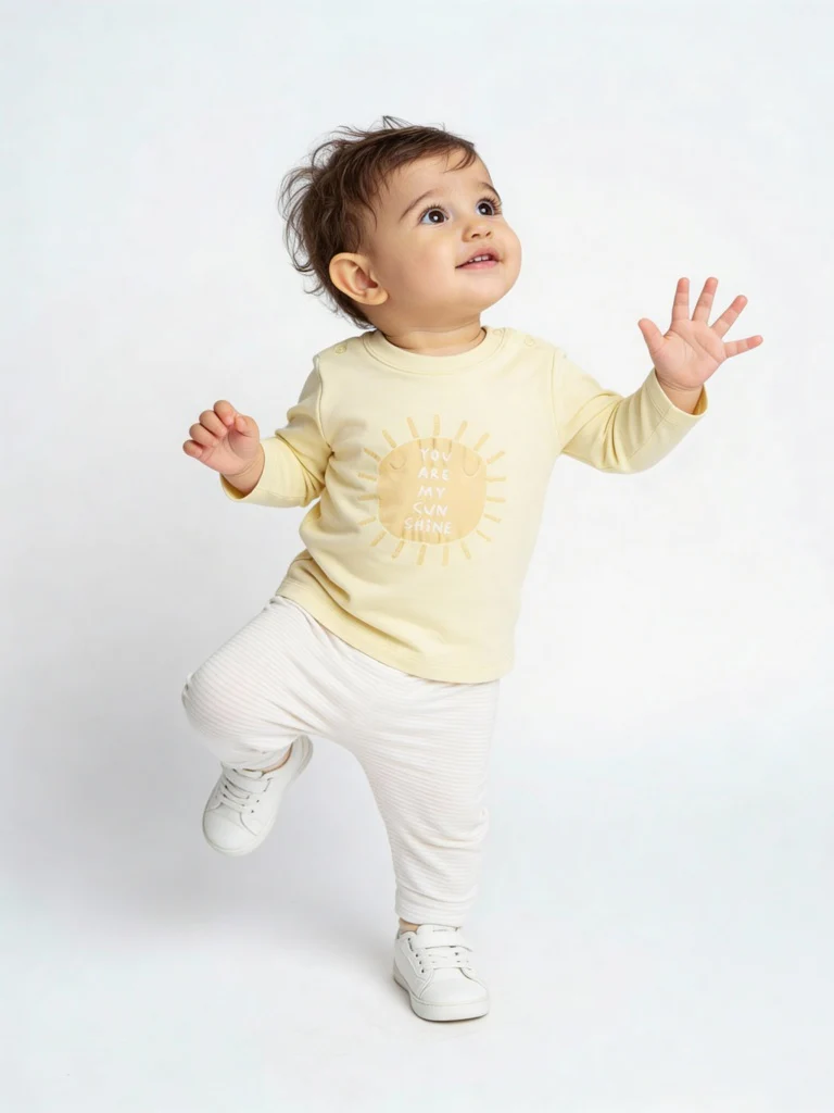 HOP Baby Boys Yellow Sun Printed Cotton T-Shirt and Pants Set