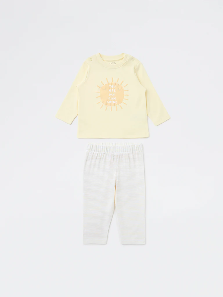 HOP Baby Boys Yellow Sun Printed Cotton T-Shirt and Pants Set - Image 2