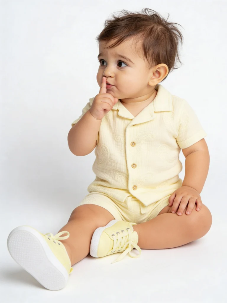 HOP Baby Boys Yellow Textured Cotton Shirt and Shorts Set