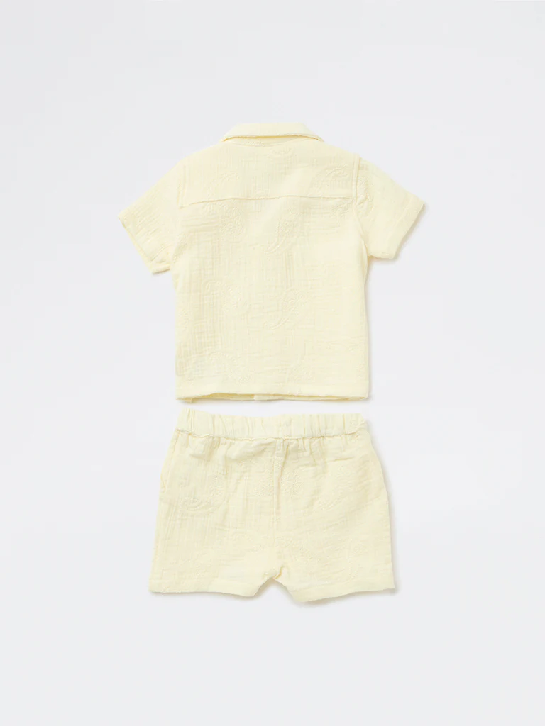 HOP Baby Boys Yellow Textured Cotton Shirt and Shorts Set - Image 3