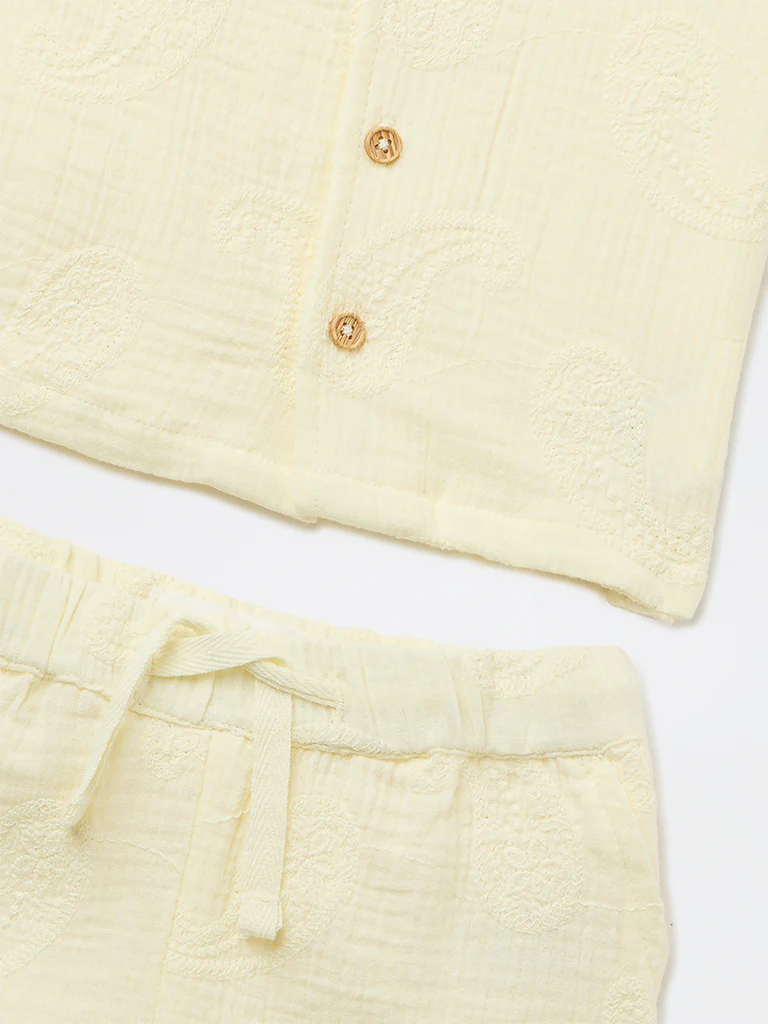 HOP Baby Boys Yellow Textured Cotton Shirt and Shorts Set - Image 4