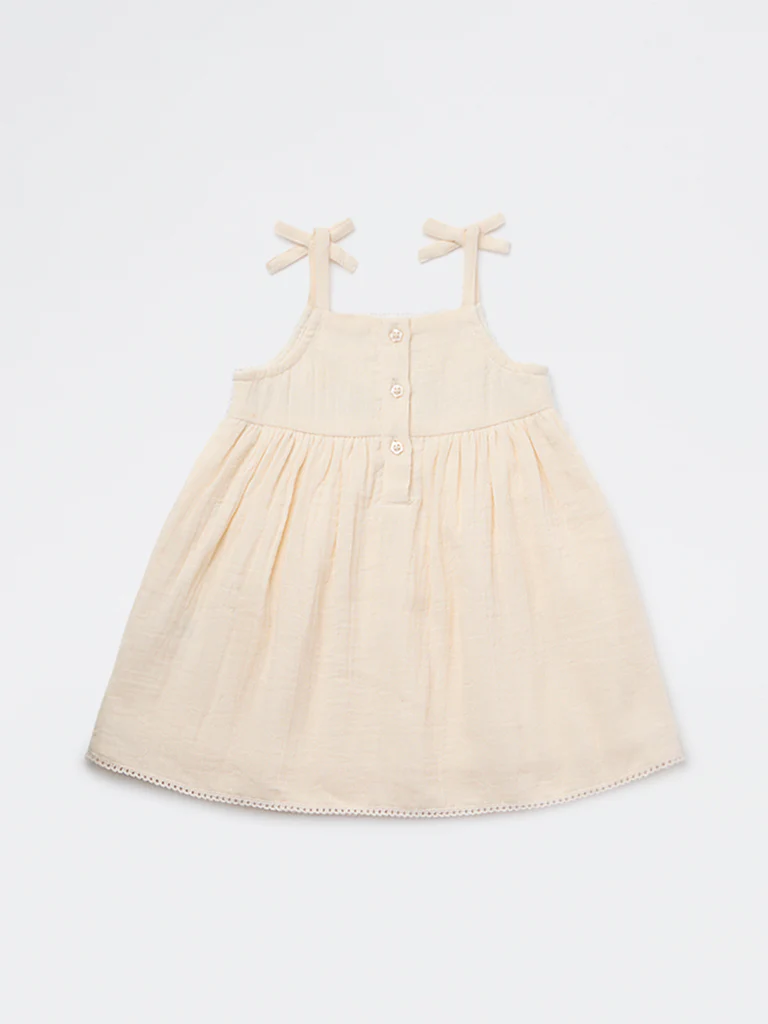 HOP Baby Girls Beige Embroidered A-Line Cotton Dress - Image 3