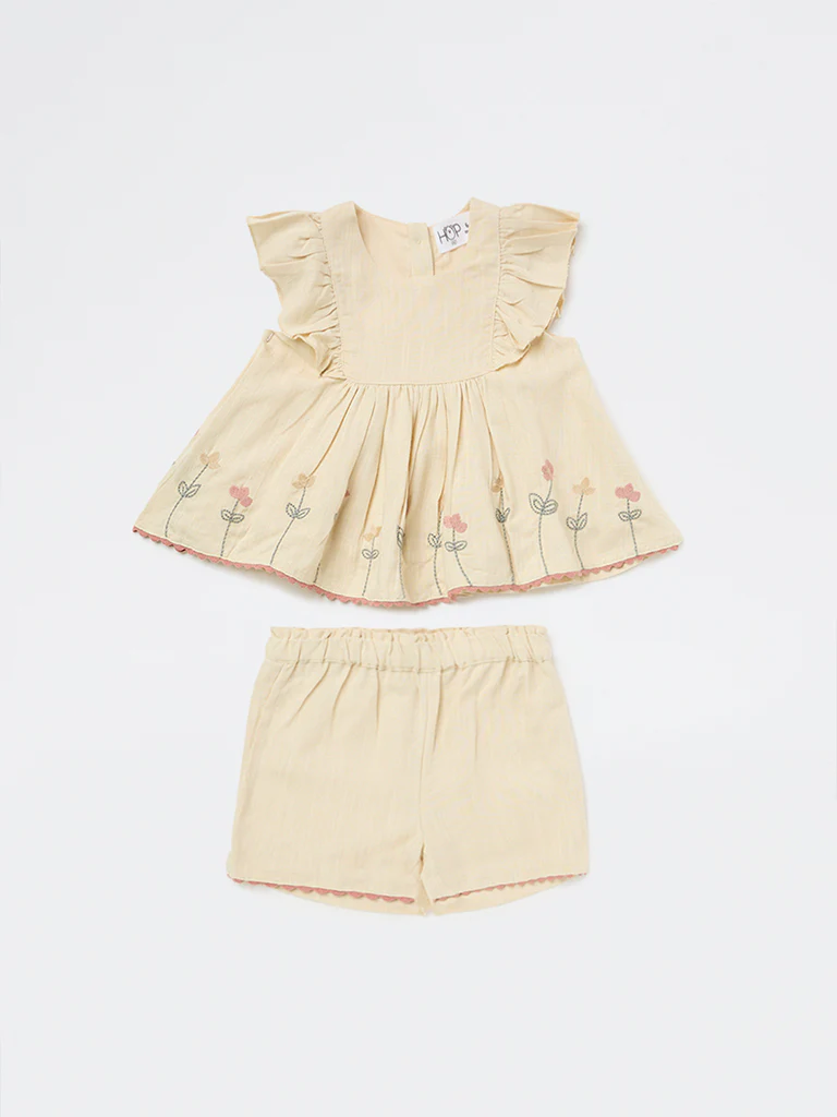 HOP Baby Girls Beige Embroidered A-Line Dress with Shorts Set - Image 2