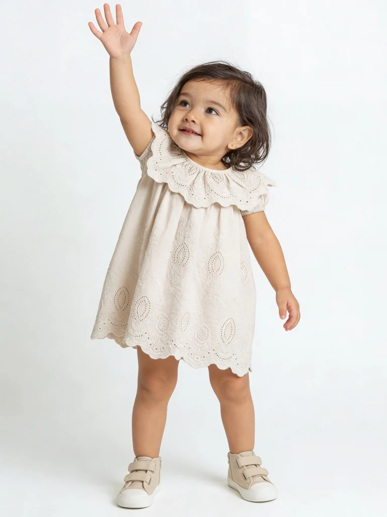 HOP Baby Girls Beige Embroidered Cotton Dress