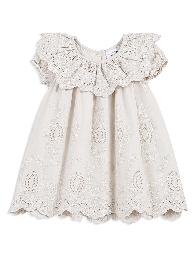 HOP Baby Girls Beige Embroidered Cotton Dress - Image 2