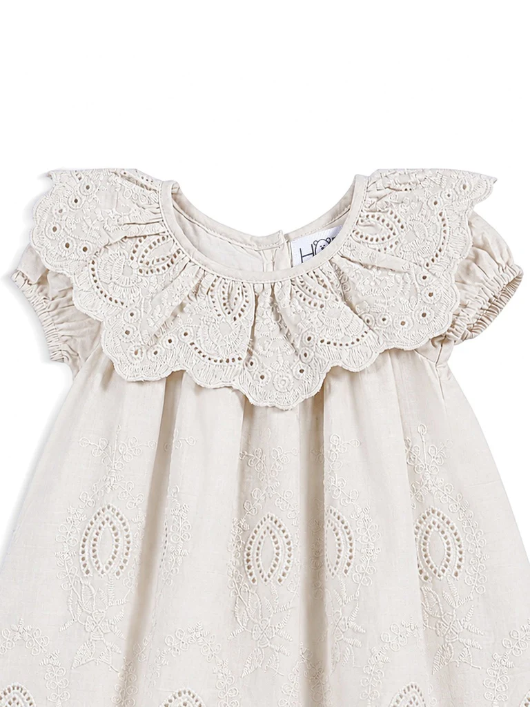 HOP Baby Girls Beige Embroidered Cotton Dress - Image 4