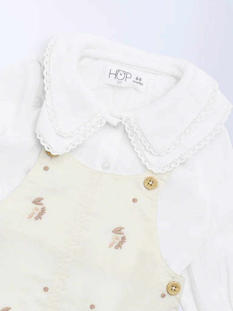 HOP Baby Girls Beige Embroidered Cotton Pinafore with Top Set - Image 4