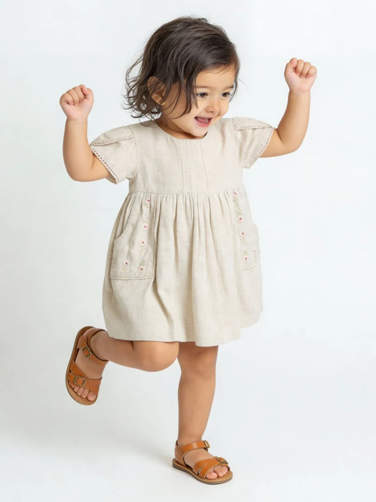 HOP Baby Girls Beige Floral Embroidered A-Line Cotton Dress