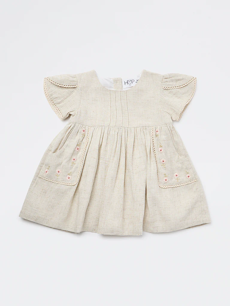 HOP Baby Girls Beige Floral Embroidered A-Line Cotton Dress - Image 2