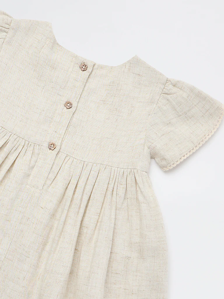 HOP Baby Girls Beige Floral Embroidered A-Line Cotton Dress - Image 4