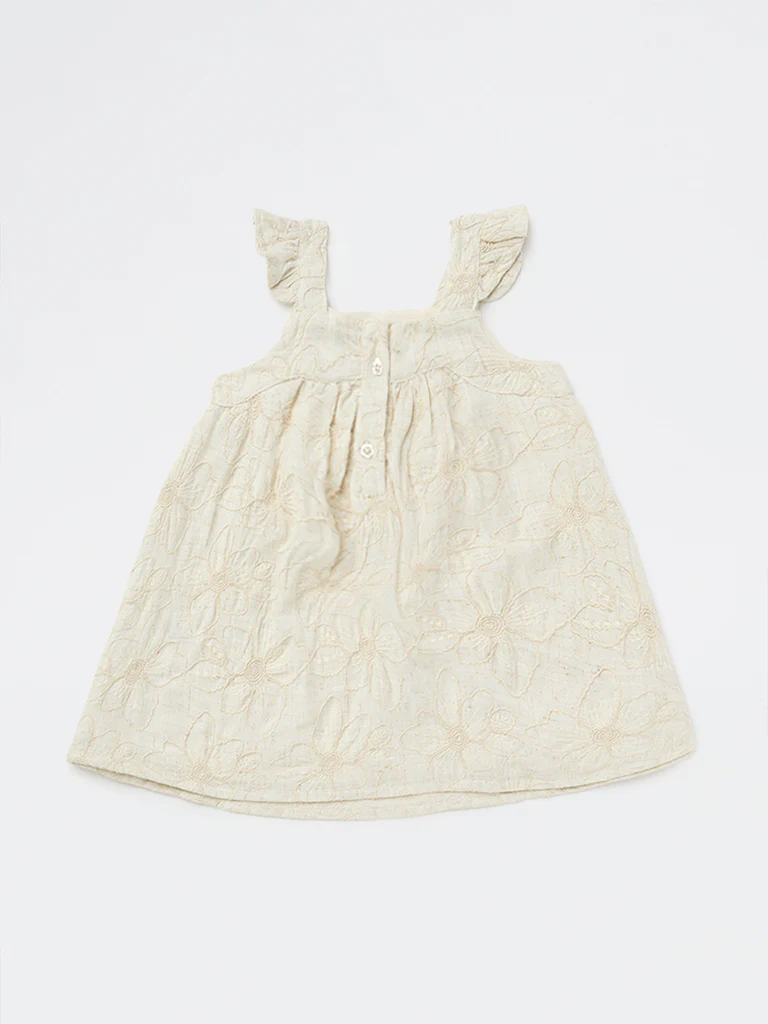 HOP Baby Girls Beige Floral Embroidered A-Line Dress - Image 2