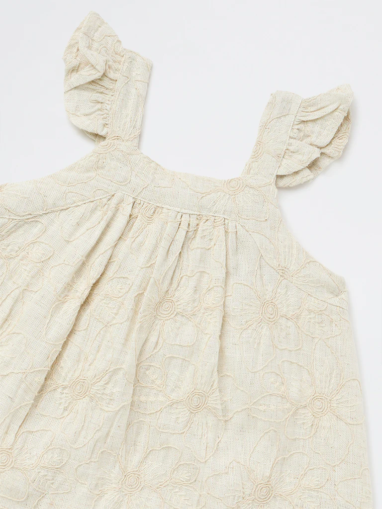 HOP Baby Girls Beige Floral Embroidered A-Line Dress - Image 3