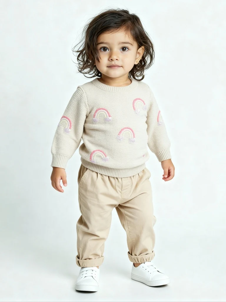 HOP Baby Girls Beige Rainbow Design Cotton Sweater