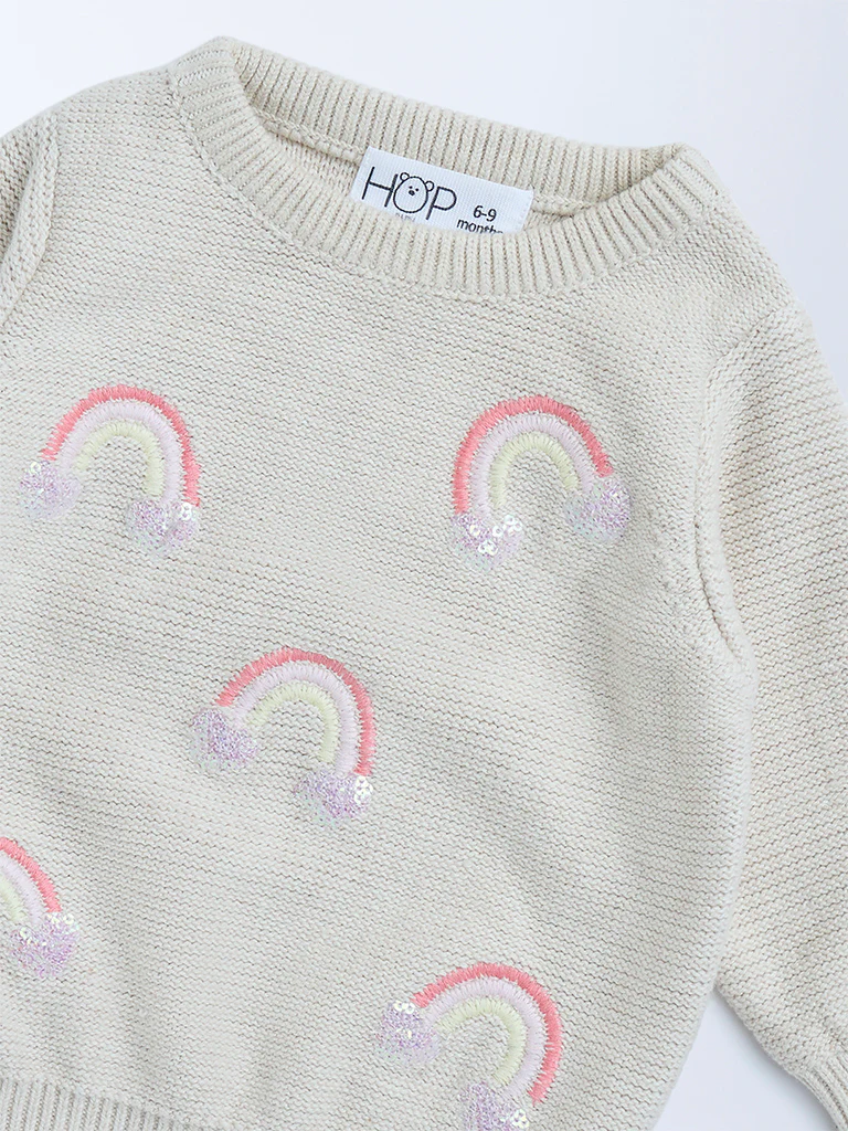 HOP Baby Girls Beige Rainbow Design Cotton Sweater - Image 4