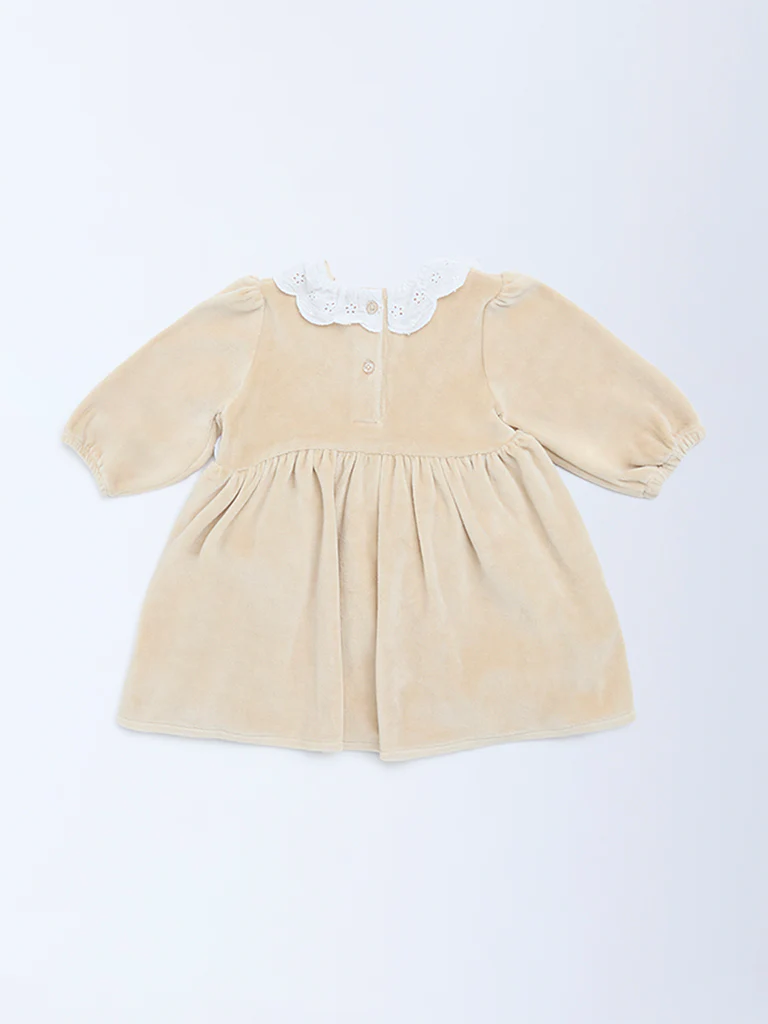 HOP Baby Girls Beige Schiffli Detailed Cotton-Blend A-Line Dress - Image 3