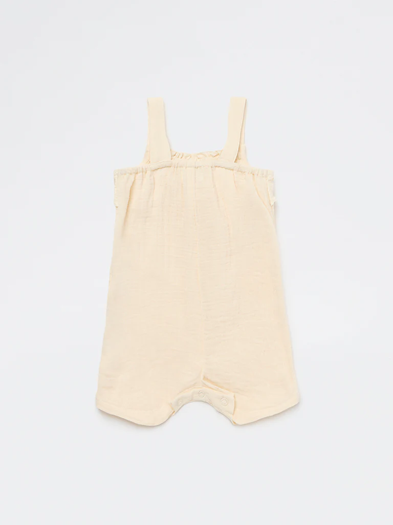 HOP Baby Girls Beige Schiffli Detailed Cotton Romper - Image 3