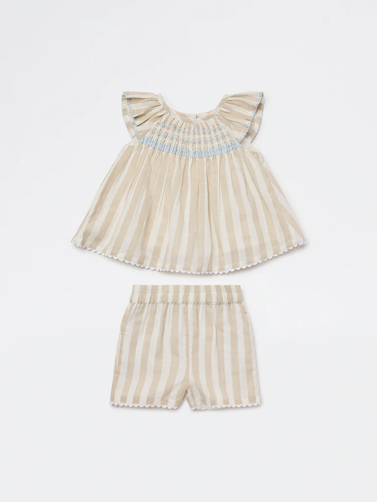 HOP Baby Girls Beige Striped Cotton A-Line Dress and Shorts Set - Image 2