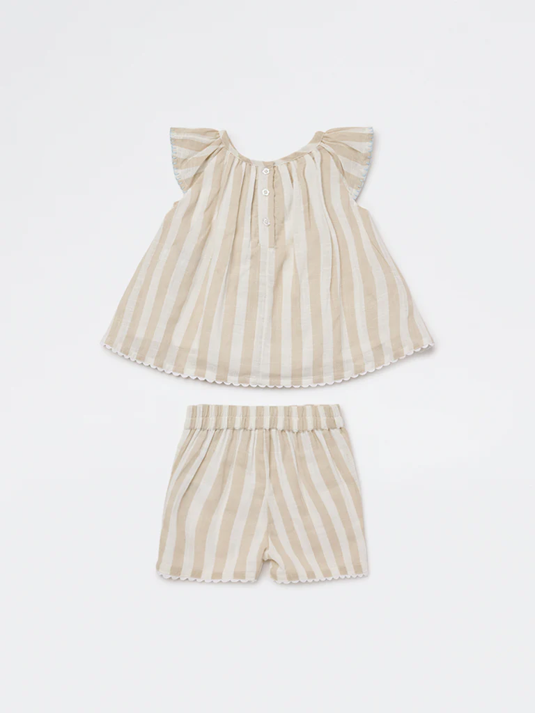 HOP Baby Girls Beige Striped Cotton A-Line Dress and Shorts Set - Image 3