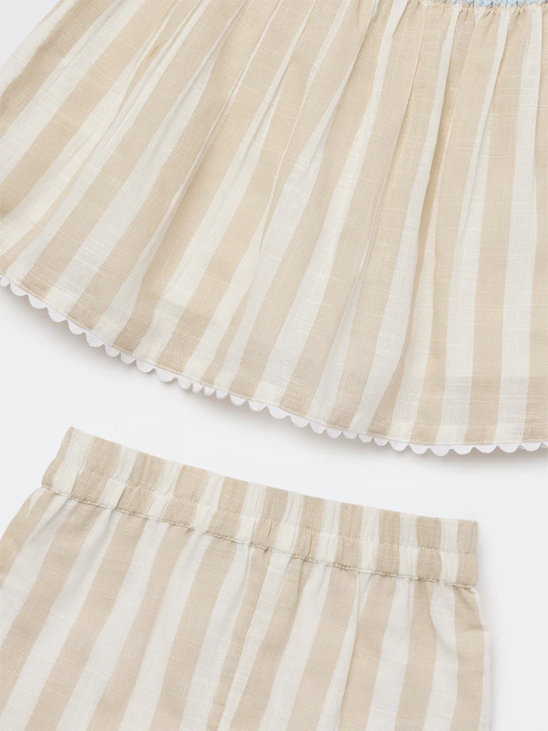 HOP Baby Girls Beige Striped Cotton A-Line Dress and Shorts Set - Image 4
