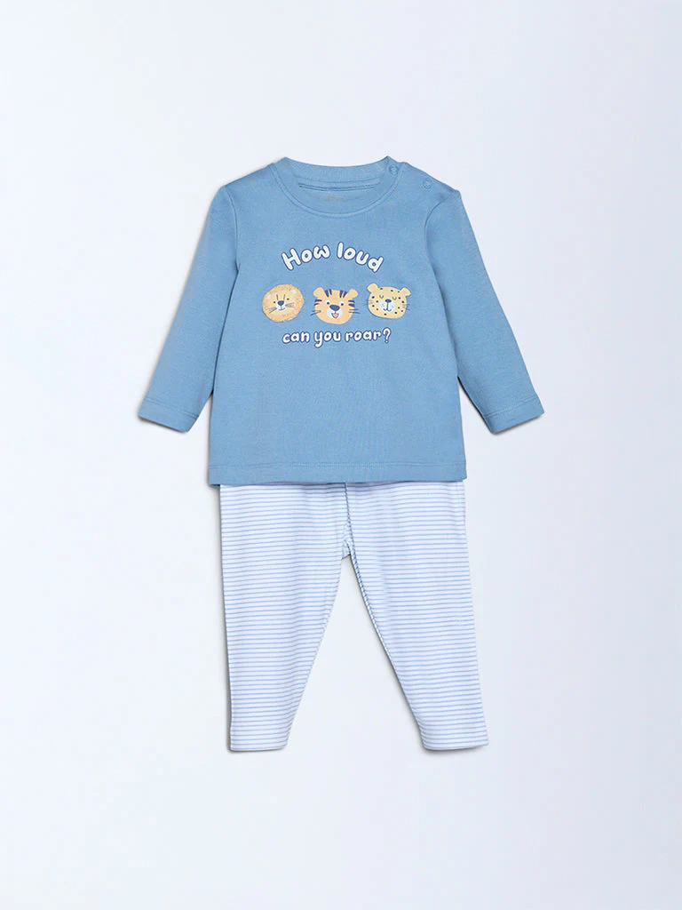 HOP Baby Boys Blue Animal Design Cotton T-Shirt and Pants Set - Exclusive - Image 3